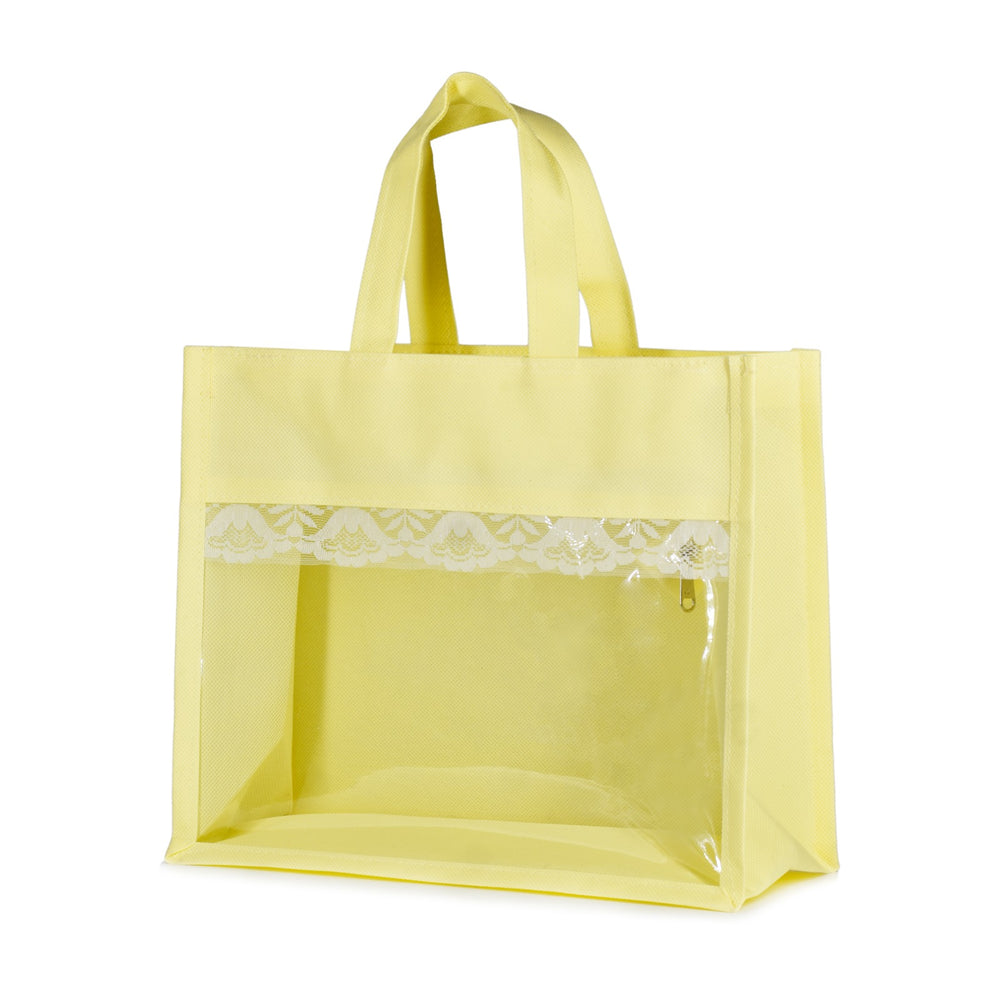 Pack of 10 Premium Non-Woven Transparent Window Gift Bags with Lace | Reusable Hamper Bags for Wedding Return Gifts, Festive Packaging | Yellow | 10 x 8 x 5 Inch